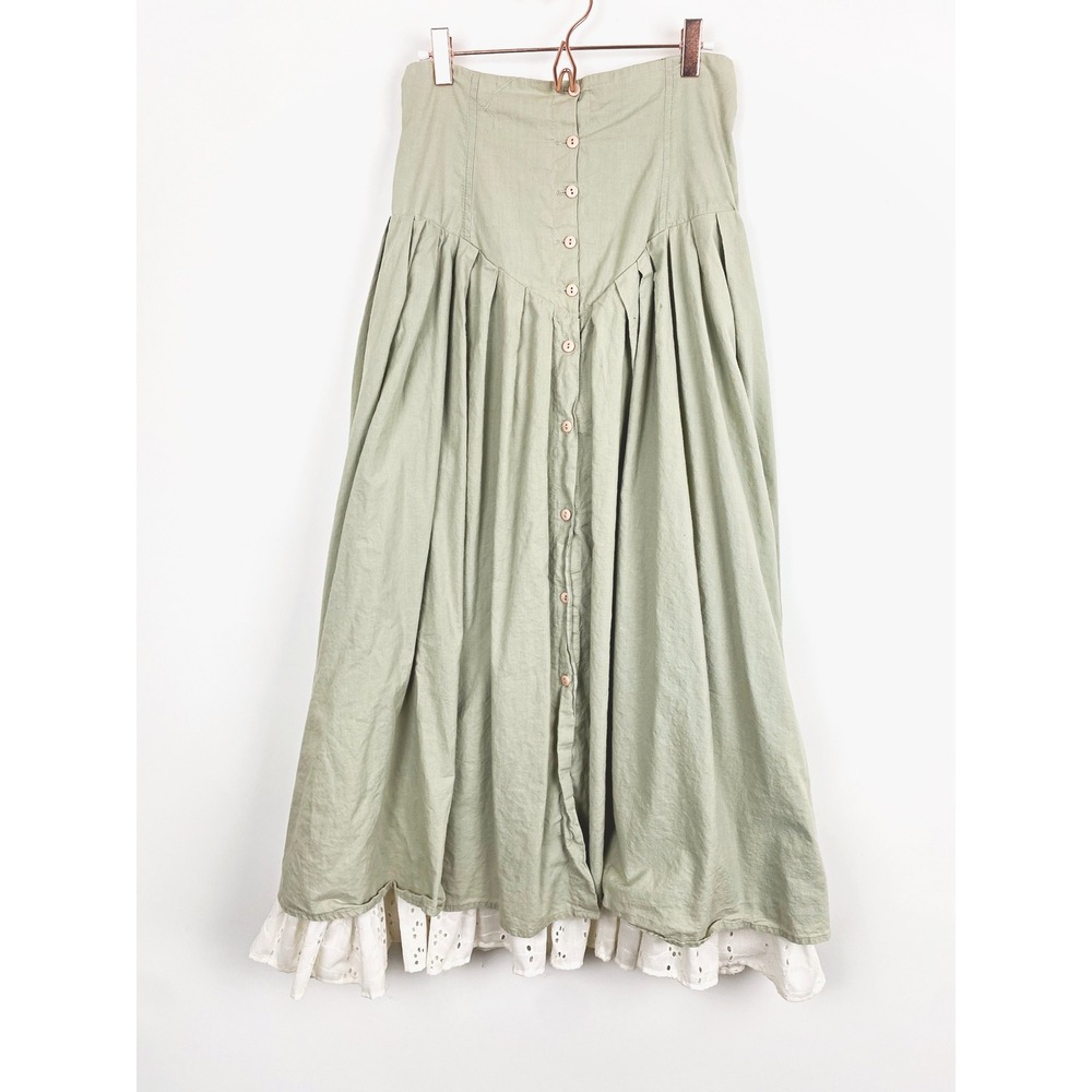 2XS Vintage Button Front Pleated Midi Skirt Eyelet Lace Hem